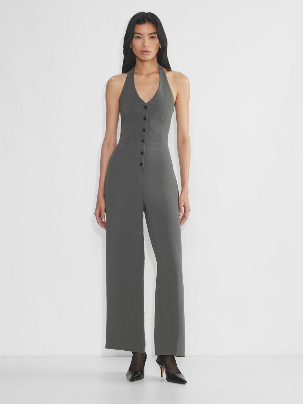 Aritzia Coal Grey Halter Button-Front Wide-Leg Jumpsuit